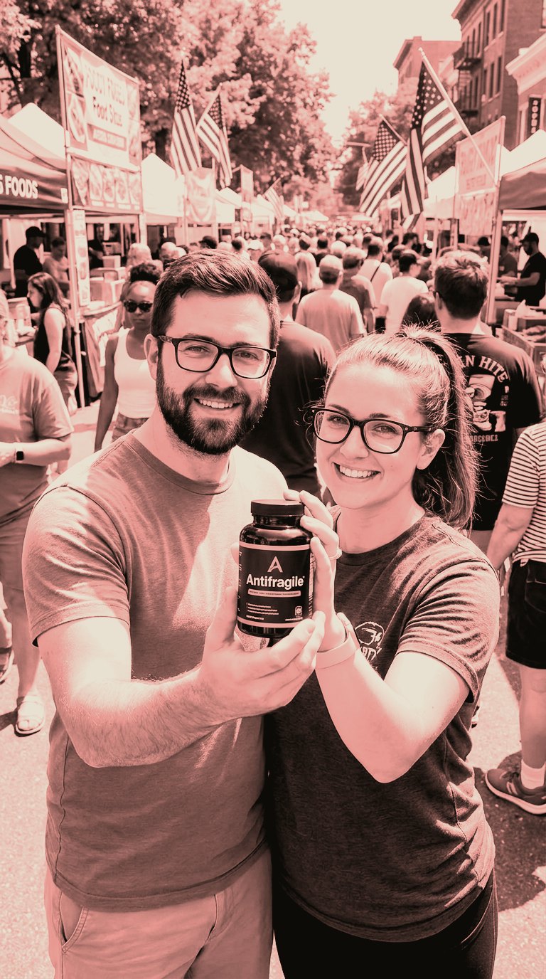 A couple at a sunlit American street market holding an Antifragile jar — duotone ember portrait