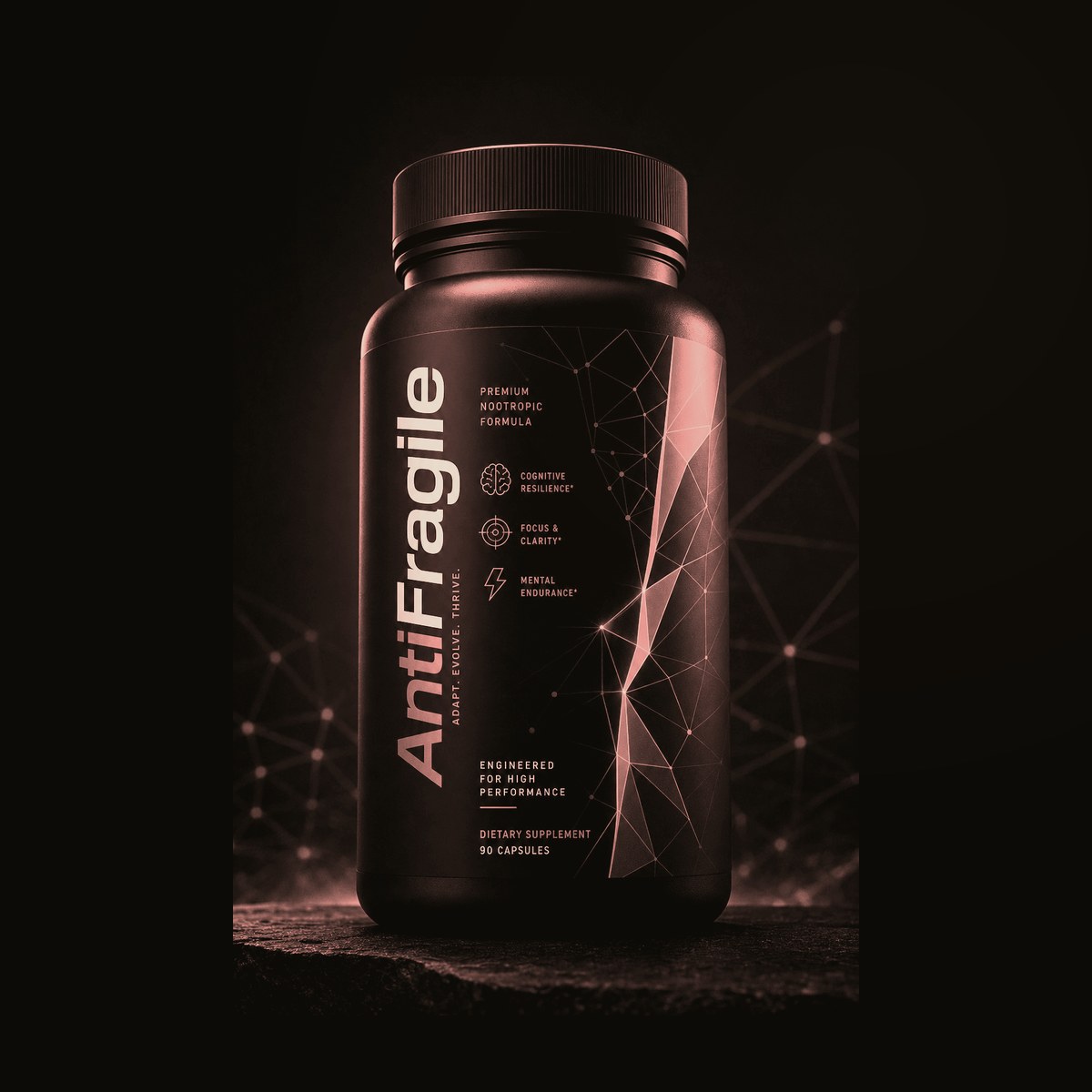 Antifragile jar — pastel duotone bottle, premium nootropic formula, 90 capsules